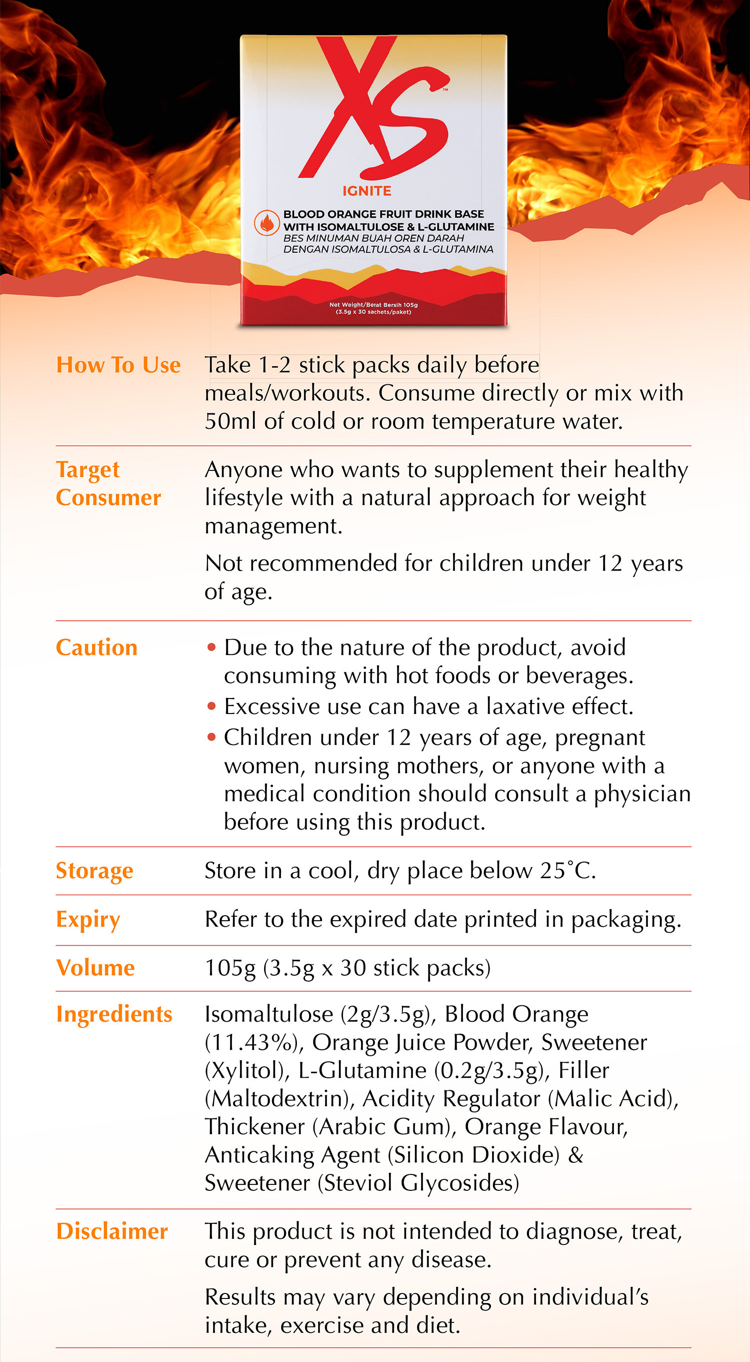 XS Ignite Blood Orange Fruit Drink Base With Isomaltulose & L-Glutamine