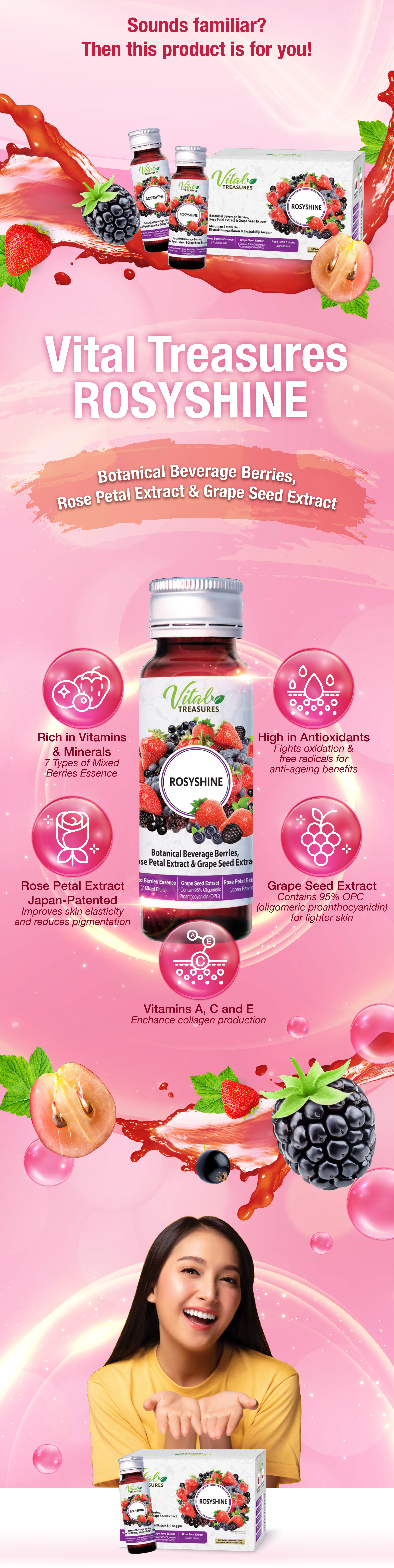 VITAL TREASURES ROSYSHINE Botanical Beverage Berries, Rose Petal Extract & Grape Seed Extract