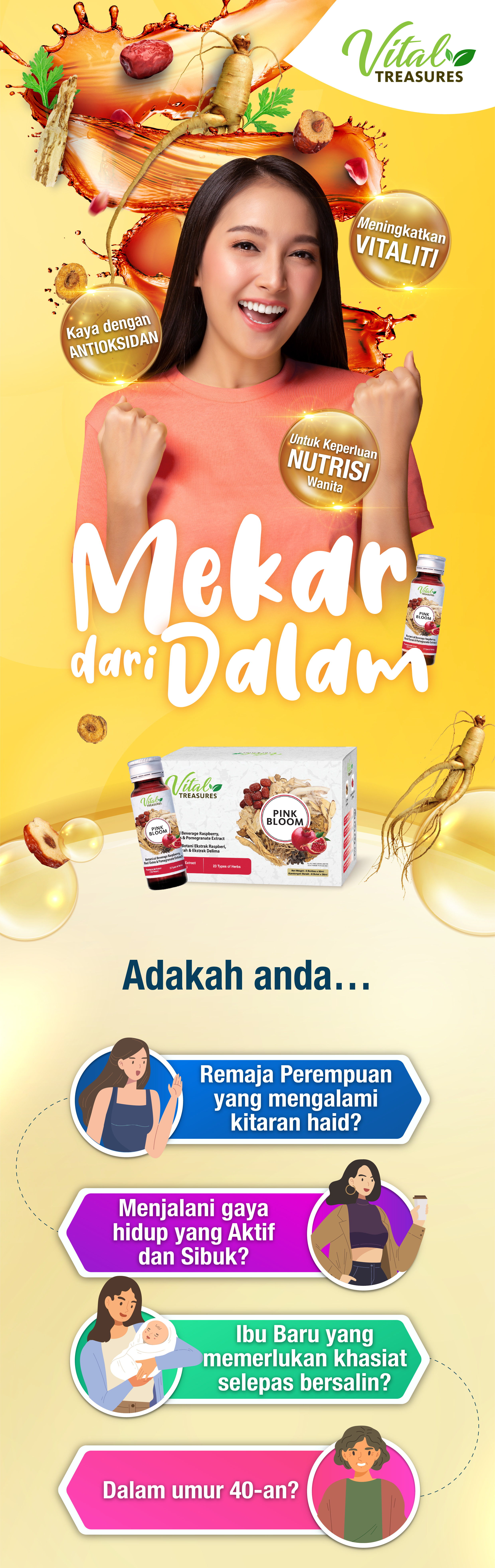 Minuman Botani Ekstrak Raspberi, Kurma Merah & Ekstrak Delima PINK BLOOM VITAL TREASURES